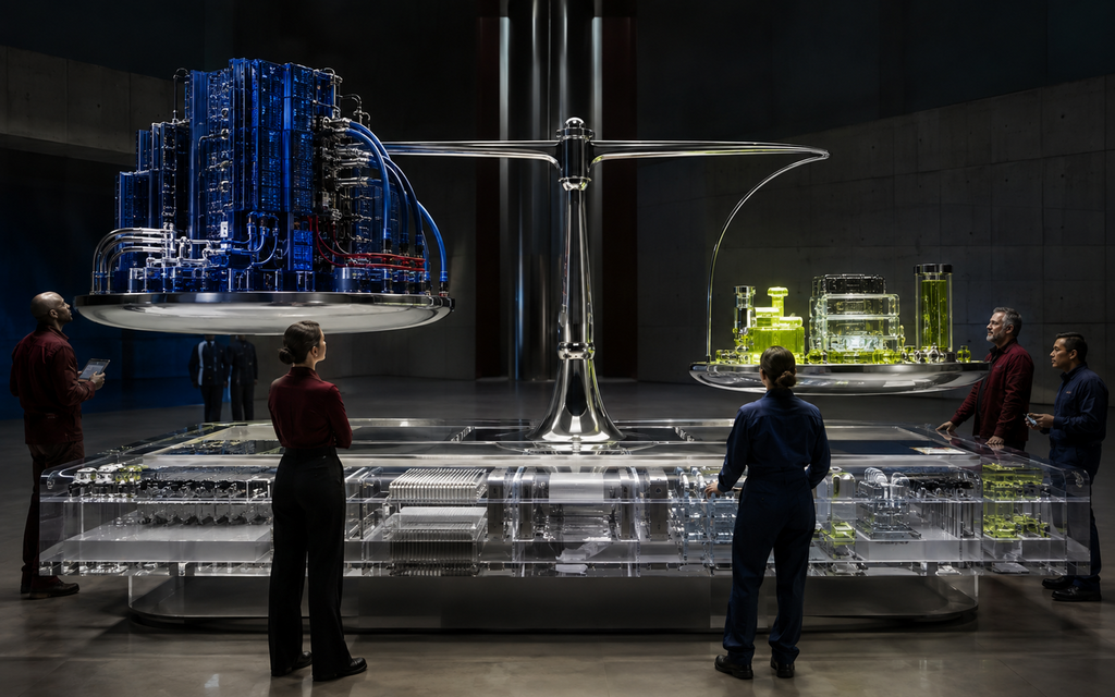 Colossal translucent compute forms balance against visible useful outputs on a chrome evidence table monitored by adult operators.