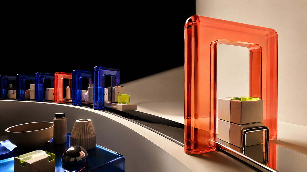 Retail objects pass through translucent promotional gates, with one oversized event pulled forward and an empty demand trough behind it.