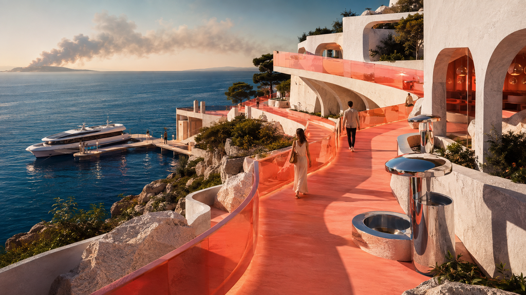 A Mediterranean resort with evacuation terraces and ferry access beneath a smoke-darkened sky.